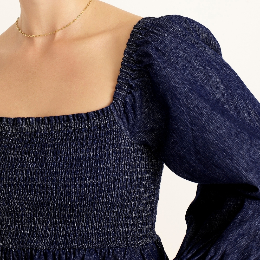 New! J. Crew sz Medium M Denim Chambray Smocked Puff Long Sleeve Top NWT - Picture 2 of 13
